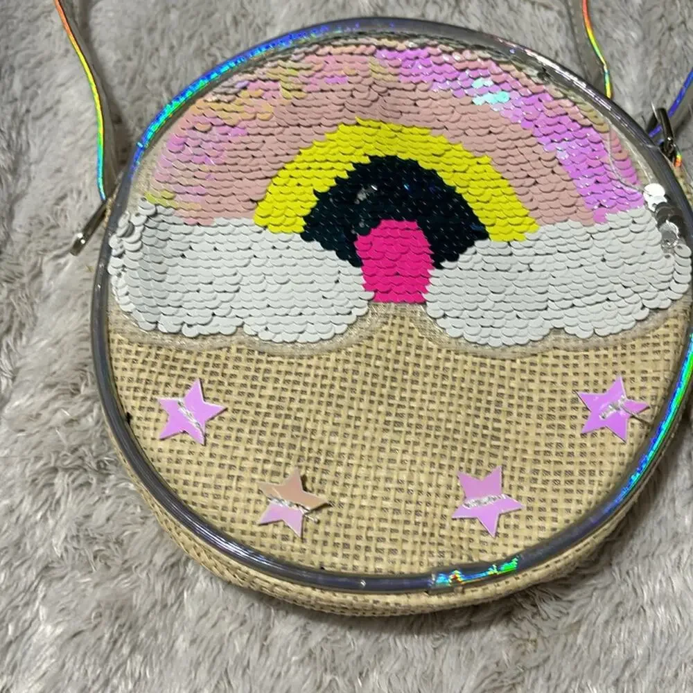 Aeropostale round purse rainbow clouds sequined adjustable strap cross body nwt